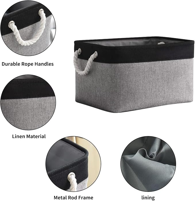 Collapsible Storage Bin for Shelves - 16x12x8 inch Large 3 Pack Storage Basket for Organizing with Rope, Fabric Storage Cubes for Organizer Toy Cloth Gift Closet (Black & Grey) - Image 6