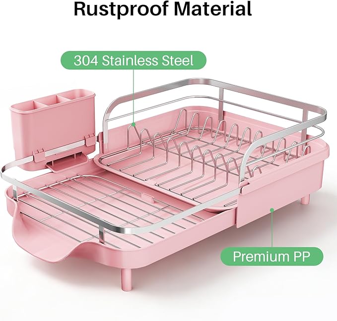 SNTD Dish Drying Rack, Expandable Dish Rack for Kitchen Counter, Stainless Steel Dish Drainer with Drainboard Set and Utensil Holder (Pink) - Image 5