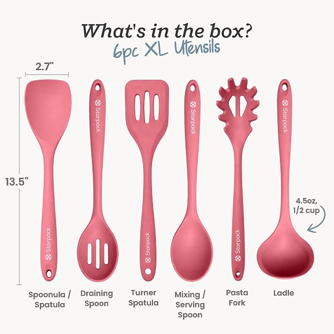 Starpack Like a Boss XL Silicone Cooking Utensils Set (6-Piece, 13.5") - LFGB Certified, 600°F Heat Resistant, BPA-Free - Heavy-Duty Steel Core, Dishwasher Safe - for Nonstick Cookware, Earthy Pink - Image 3