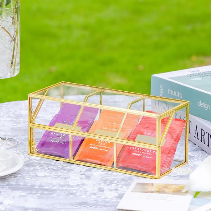 NCYP Glass Tea Bags Organizer with Lid, Small 3 Slots Teabag Storage Box, Indoor Counter Teabag Display Case, Kitchen Cabinet Gold Decor, 8.7 x 3.6 x 3.66 Inches (Glass Box Only) - Image 2