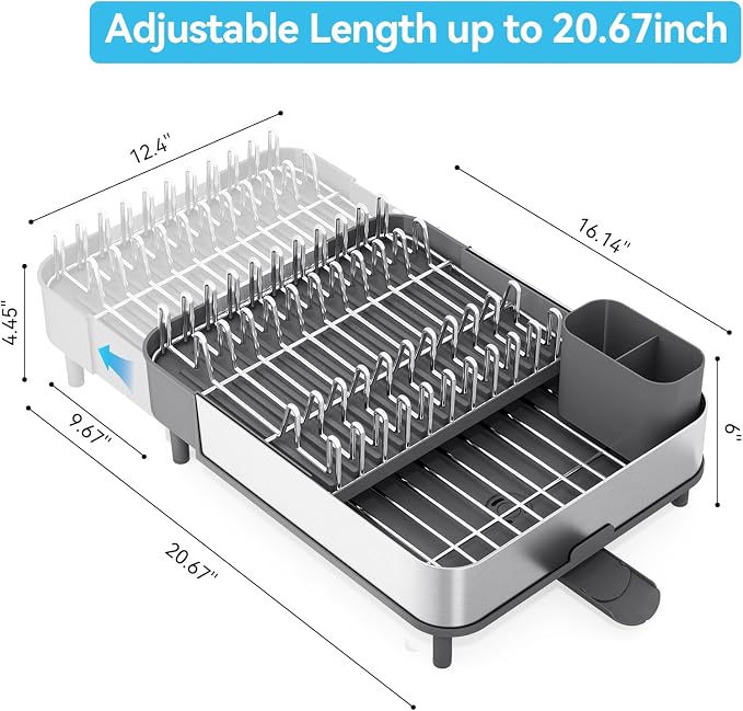 Urackify Stainless Steel Dish Drying Rack for Kitchen Counter,Grey | Extends to 20.67'',Expandable & Foldable,Rust-Resistant,Rotatable Drain Pipe & Utensil Holder,Dish Drainer For 2-4 People - Image 7