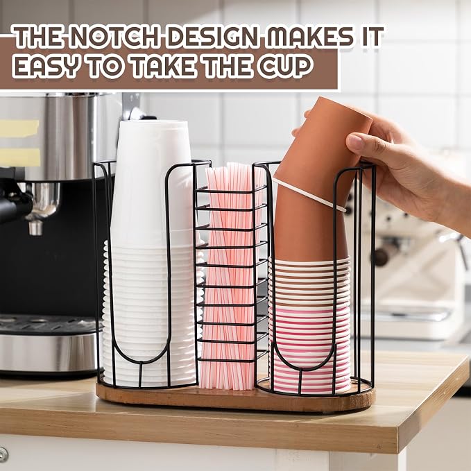18oz Adjustable Coffee Cup Dispenser with Wooden Base, Cup and Lid Holder, Cups Holder Organizer for Coffee Pod Straw and Lid Storage(3-Compartment Single,Color 1) - Image 3