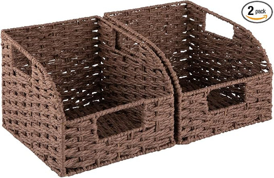 OIAHOMY Pantry Baskets for Organizing, Paper Rope Baskets with Built-in Handles, Wicker Storage Bins for Shelves, 2 Pack-Brown by MasterofSpaceOptimization