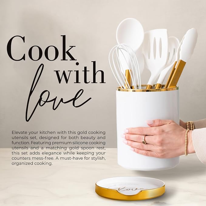 Styled Settings White and Gold Kitchen Utensils with Holder, 8-Piece | Heat Resistant, Nonstick, White Silicone Cooking Utensils Set, Ceramic Utensil Holder & Stackable Gold Spoon Rest - Image 5