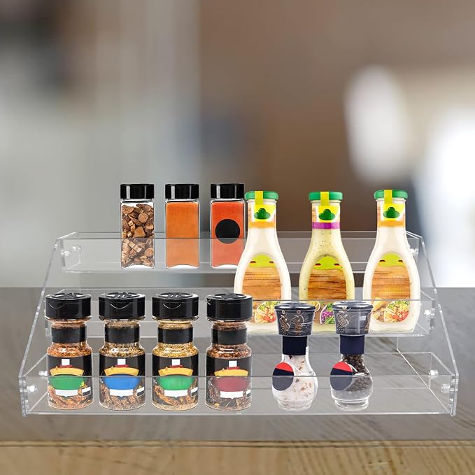PMMASTO Tiered Spice Rack, Seasoning Organizer, Clear Acrylic Vertical Shelves Can Organizer for Countertop, Cabinet, Pantry, Kitchen Organization and Storage - 3 Tier - Image 6