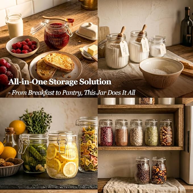 ComSaf Large Ribbed Glass Jars with Airtight Lids 51 oz 3 Pack Wide Mouth | Flour sugar coffee beans, Fermenting pickling, Farmhouse pantry decor, Countertop decor, Large capacity, Vintage Canisters - Image 6