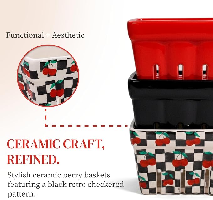 Ceramic Berry Baskets Set of 4, Checkered Fruit Colanders | Black and white checkered with red cherry pattern, stoneware, dishwasher safe, drains and stores berries, farmhouse kitchen - Image 4