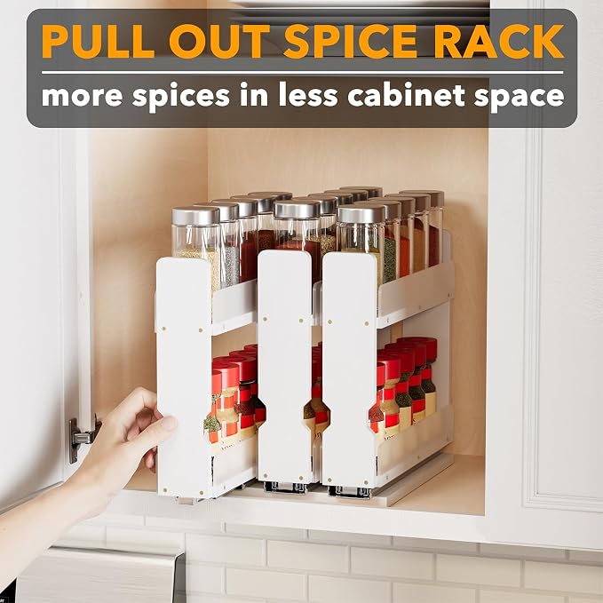 SpaceAid Bamboo Pull Out Spice Rack Organizer for Cabinet, Heavy Duty Slide Out Seasoning Kitchen Pantry Sliding Vertical Organization, 7.6" Wide, 3 Drawers(2" Wide), 2-Tier, White - Image 5