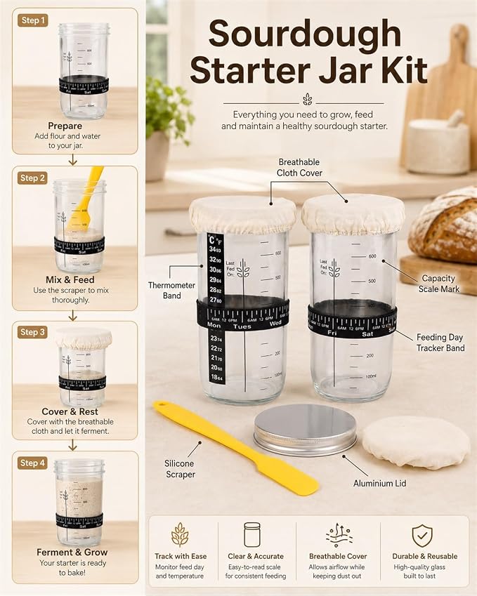 37 PCS Sourdough Starter Kit with Digital Scale, Timer, Thermometer, Bread Baking Supplies Kit, Round & Oval Banneton Proofing Basket Dough Whisk Bread Lame Complete Bread Making Tools Set - Image 4