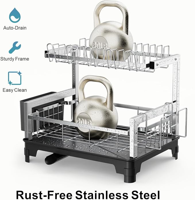 Stainless Steel Dish Drying Rack 2 Tier, Compact Dish Racks for Kitchen Counter with Cutting Board Holder, Auto-Drain Spout, Rust Proof Dish Drainer for Apartment, 21" L x 12.6" W, Silver - Image 4