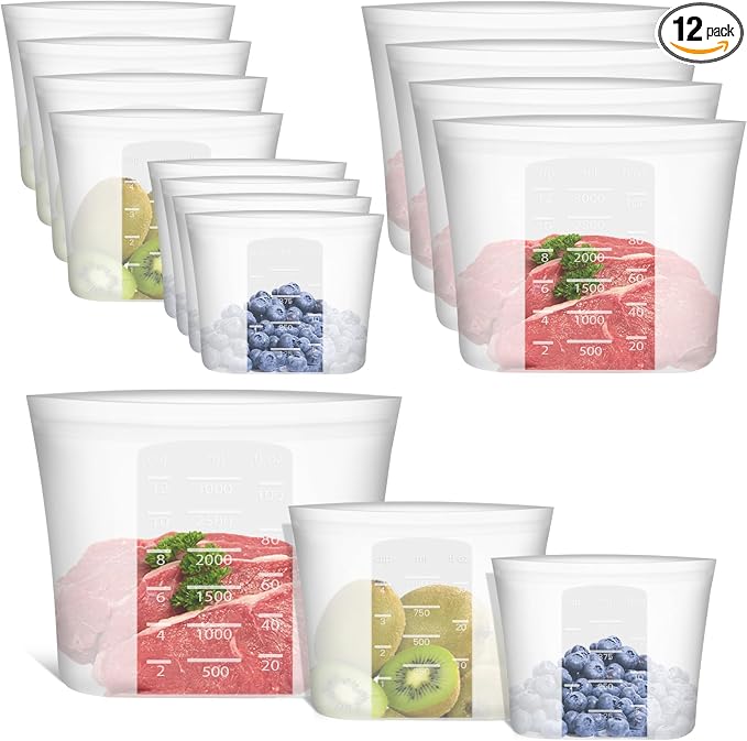 100% Silicone Reusable Storage Bag, 12 Pack Stand-Up Wide-Mouth Zip-Lock Food Storage Bags, Easy-Fill Easy-Open Easy-Clean Space-Saving, Microwave & Dishwasher Safe, Gallon/Sandwich/Snack, Translucent by Annaklin