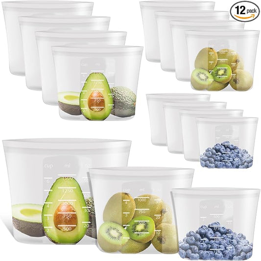 100% Platinum Silicone Reusable Storage Bags, 12 Pack, Premium Silicone Food Storage Bag Stand-Up Wide-Mouth Zip-Lock, Microwave Dishwasher Safe, 4 M + 4 S + 4 XS, Crystal-Clear by Annaklin