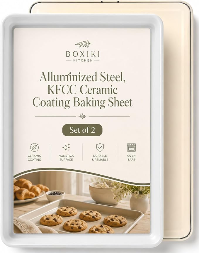 Ceramic Baking Sheet Half Size 17"x11" - Heavy Duty 0.6mm Aluminized Steel Pan, KFCC Ceramic Nonstick Cookie Sheet, Oven Safe to 550°F, Rustproof & Warp Resistant Baking Tray (2PCS) by Boxikikitchen