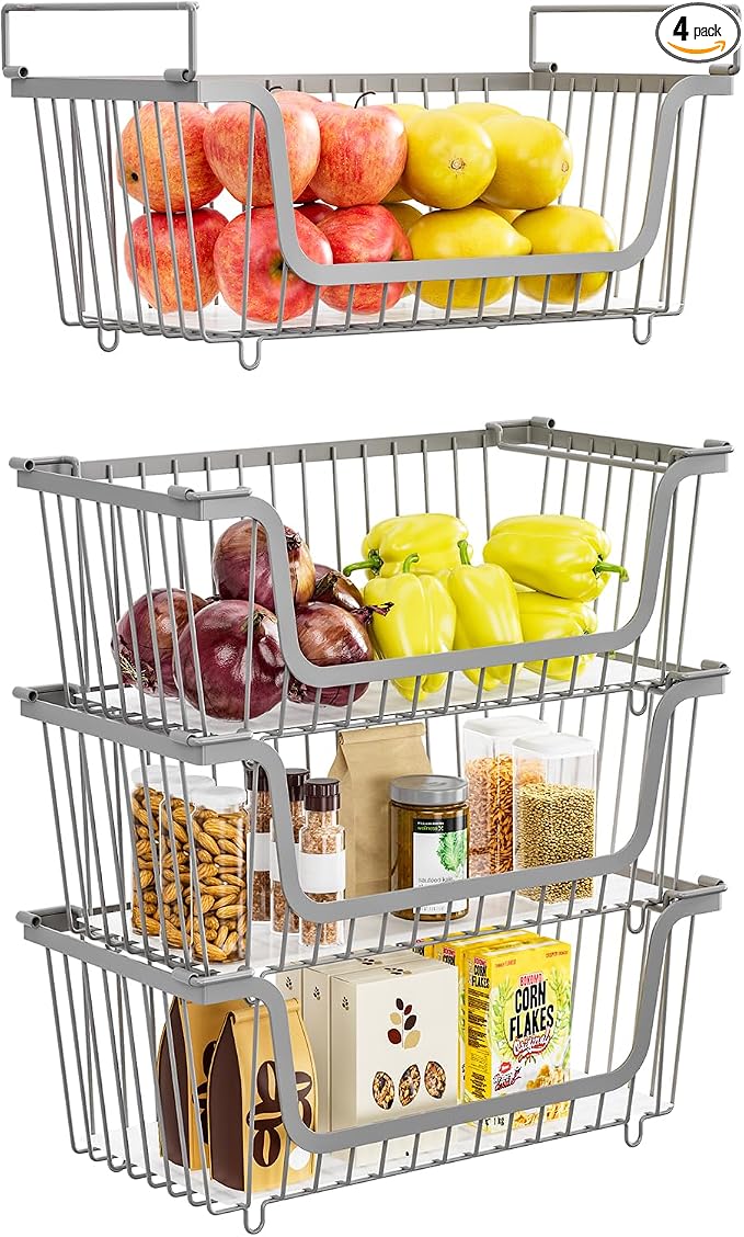 4 Pcs Stackable Wire Baskets for Pantry Organizers and Storage, Gray | Metal Baskets with Handles,Produce Potato Onion Storage Bin,Vegetable Fruit Basket for Countertop, Kitchen Storage by XILIDIA