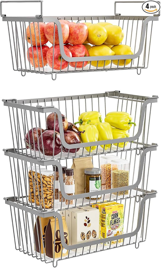 4 Pcs Stackable Wire Baskets for Pantry Organizers and Storage, Gray | Metal Baskets with Handles,Produce Potato Onion Storage Bin,Vegetable Fruit Basket for Countertop, Kitchen Storage by XILIDIA