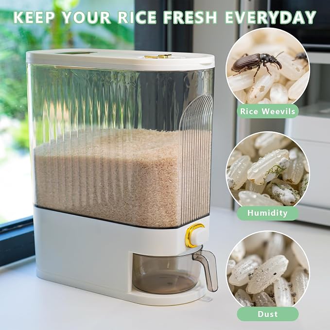 Rice Storage Container 10kg, Clear Food Grain Dispenser with Date Dial & Measuring Cup, Space-Saving Organizer for Rice, Cereal, Pet Food, Pasta - Image 3