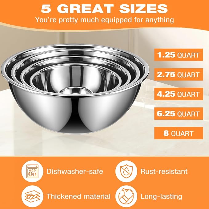 Stainless Steel Mixing Bowls Set - 5-piece Polished Mirror Nesting Bowls 1.25, 2.75, 4.25, 6.25, 8 Quart Thickened Material Ideal for Kitchen, Cooking, Baking and Storage, Deep - Image 2