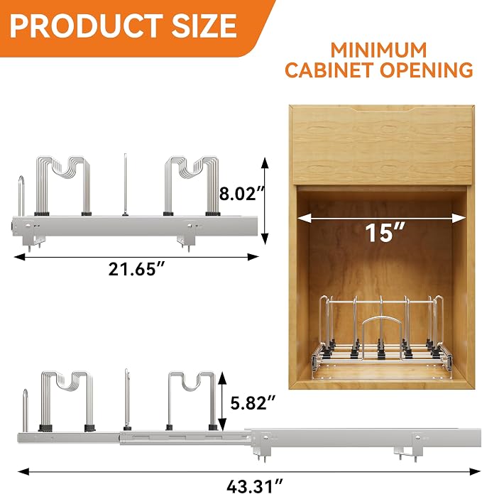 Pull Out Pots and Pans Organizer Under Cabinet, Sliding Adjustable Pot Rack with 11 Adjustable Dividers, Chromeplating Pot and Pan Holder Rack, Full-Extension Rail 15" W X 22" D - Image 5
