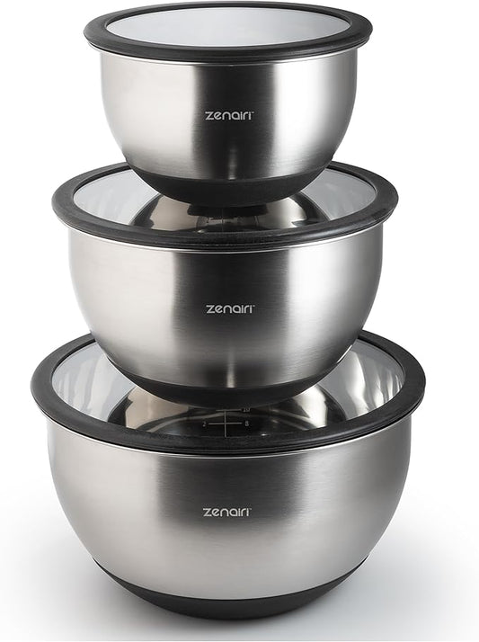 Premium Quality Stainless Steel Mixing Bowls with Lids, 3-Piece Set, Dishwasher-Safe Clear Glass Lids, No Plastics by Unknown