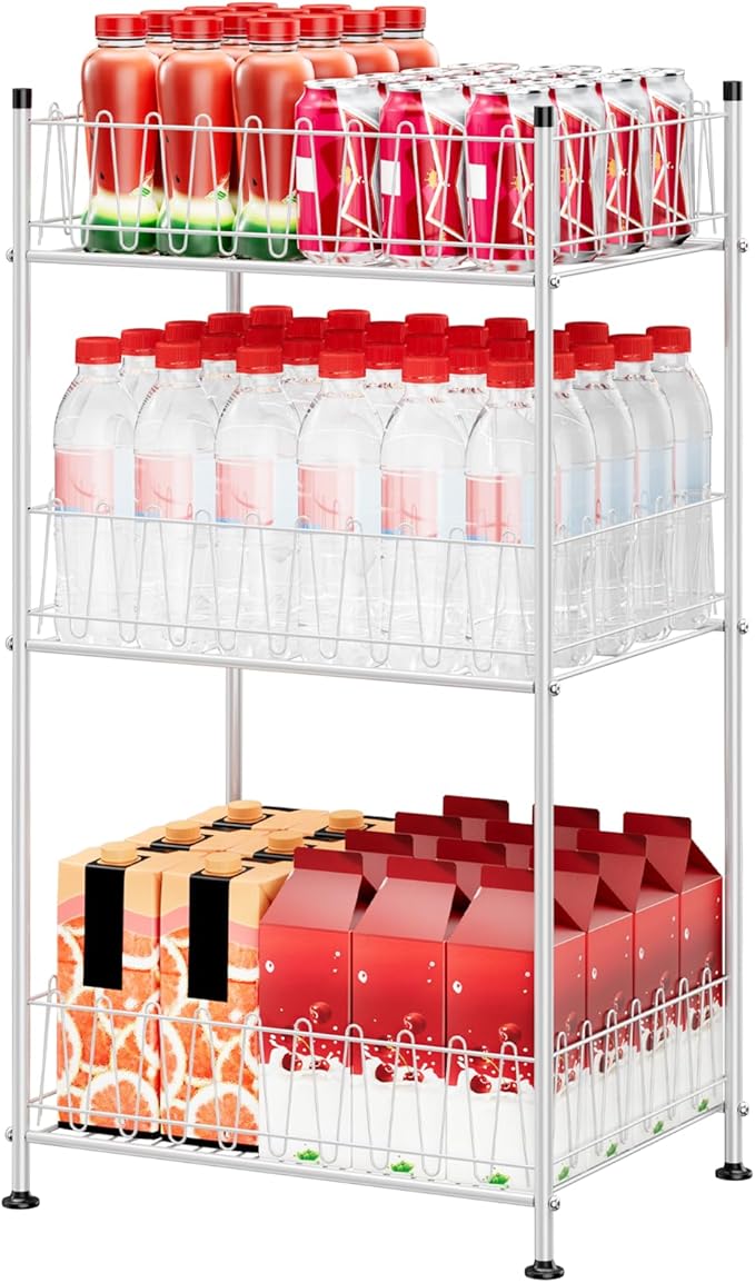 ETELI Water Bottle Storage Organizer 3 Tier Freestanding Water Bottle Holder Rack Stand Metal Drink Soda Can Organizer Beverage Shelf for Floor Pantry Kitchen Food Storage, Silver by ETELI