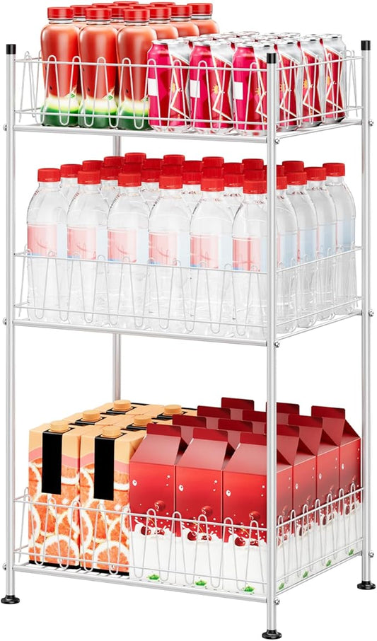 ETELI Water Bottle Storage Organizer 3 Tier Freestanding Water Bottle Holder Rack Stand Metal Drink Soda Can Organizer Beverage Shelf for Floor Pantry Kitchen Food Storage, Silver by ETELI
