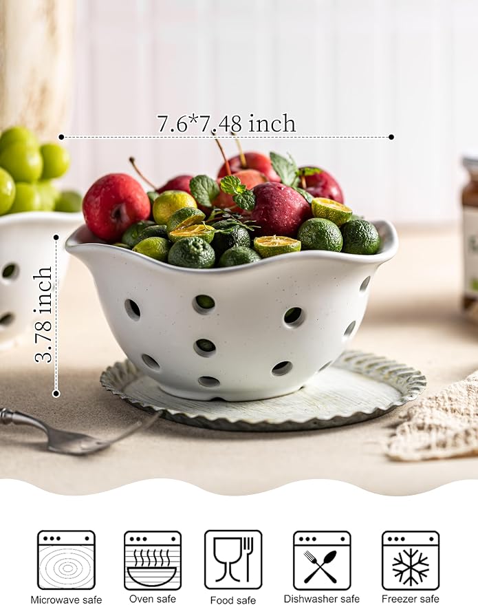 Gomakren Fruit Basket Set of 2, Ceramic Fruit Bowl Berry Basket with Holes, 7.6 Inch Fruit Containers Colander for Fridge - Farmhouse Kitchen Decor, Cream White - Image 2