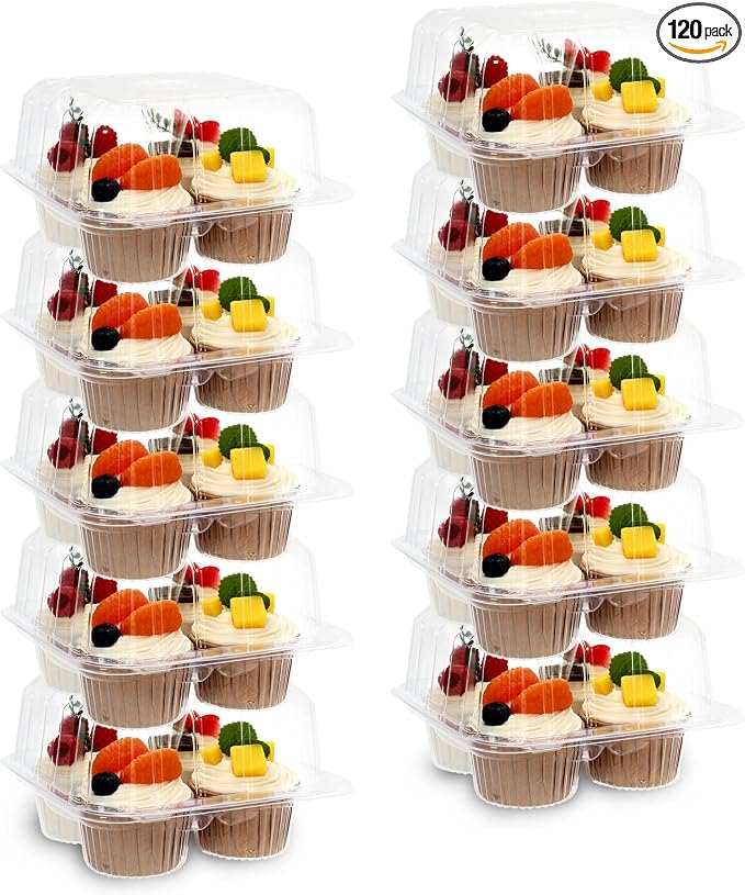 JarThenaAMCS 120 Pack Plastic Cupcake Containers 4 Compartment Clear Cupcake Boxes Tray Holders Disposable 4 Cavity Cupcakes Carriers with Deep Dome for Bakery Muffin Packaging by JarThenaAMCS