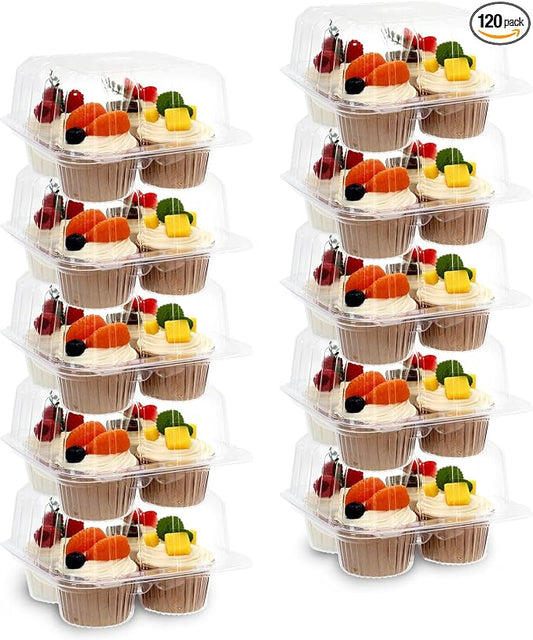 JarThenaAMCS 120 Pack Plastic Cupcake Containers 4 Compartment Clear Cupcake Boxes Tray Holders Disposable 4 Cavity Cupcakes Carriers with Deep Dome for Bakery Muffin Packaging by JarThenaAMCS
