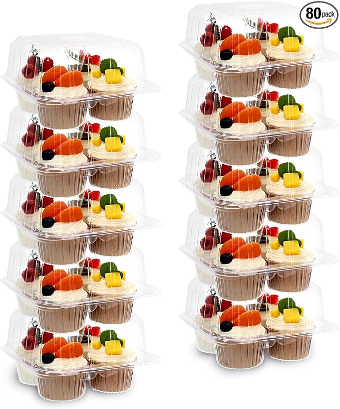 JarThenaAMCS 80 Pack Plastic Cupcake Containers 4-Compartment Clear Boxes Disposable Cupcake Tray Holders 4 Cavity Cupcakes Carriers with Deep Dome for Muffin Packaging by JarThenaAMCS