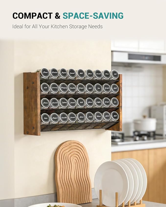NESAPTO Spice Rack Organizer with 36 Glass Spice Jars, Wood 4-Tier Seasoning Organizer with Labels for Cabinet, Pantry, Countertop or Wall Mount, Chalk Marker and Funnel Set, 17.2" W × 9.4" H - Image 6