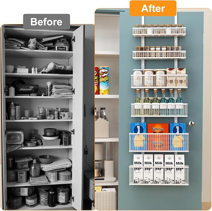 6-Tier Over The Door Pantry Organizer,Hanging Spice Rack,Grid Basket,White | Height Adjustable,Easy Grip Handle,Large Capacity,For Pantry Door,Laundry Room,Bathroom,Kitchen,D5.3xW15.7xH60.9in - Image 8