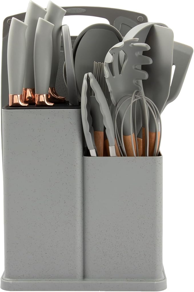 19-Piece Kitchen Utensils Set - Silicone Cooking Utensils, Non-Toxic Spatula Set, Kitchen Tools, Cutting Board, Cooking utensils set (Gray) by DANFFI