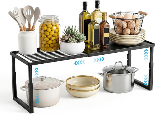 Expandable Cabinet Shelf Organizer, Stackable Countertop Shelves, Black | 15.8''- 25.5'' In Cabinet Shelf, Adjustable Kitchen Cabinet Organizer for Pantry Organizer, CupBoard Organizers and Storage by Unknown