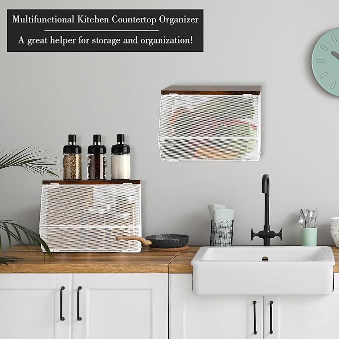 Teenyyou 2 Pcs Stackable Mesh Fruit Basket with Lid Wall Produce Vegetable Storage Basket Onion Potato Hanging Metal Wire Container for Kitchen Counter Pantry(Non-removable,White,8.3" w & 13.8" l) - Image 5