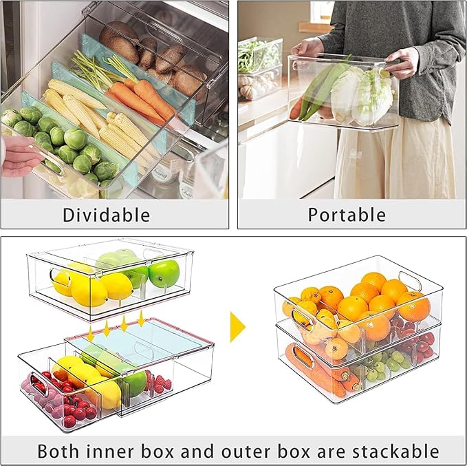 9 Pack Stackable Refrigerator Organizer Bins Pull-Out Drawers for Fruit and Veggies Storage Organizer for Fridge Clear Drawer Containers with Handle Divided Organization for Produce Saver - Image 4