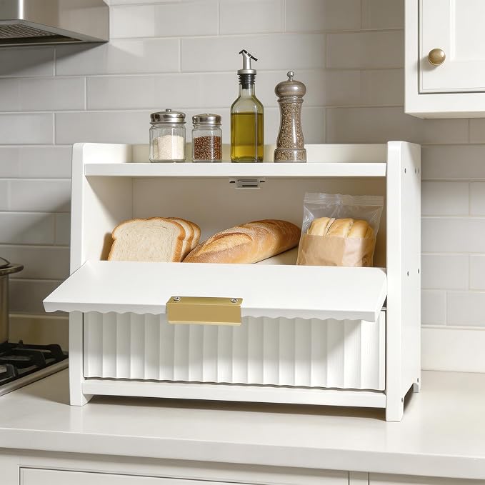 Large Bread Box, White, Double Layer Wooden | Top Shelf, Countertop Organizer Cabinet, For Bread & Coffee Station, Kitchen Essentials Storage - Image 7