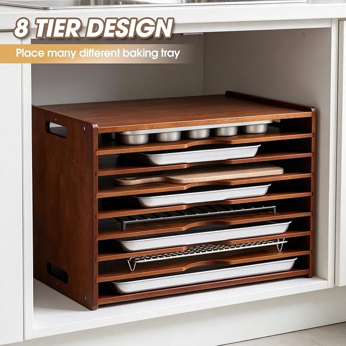 8-Tier Baking Sheet Organizer for Cabinet, 17 x 12 x 14 in Wooden Tray Divider Rack, Bamboo Cutting Board, Pan, Tray and Cookie Sheet Organizer for Kitchen Storage - Image 7