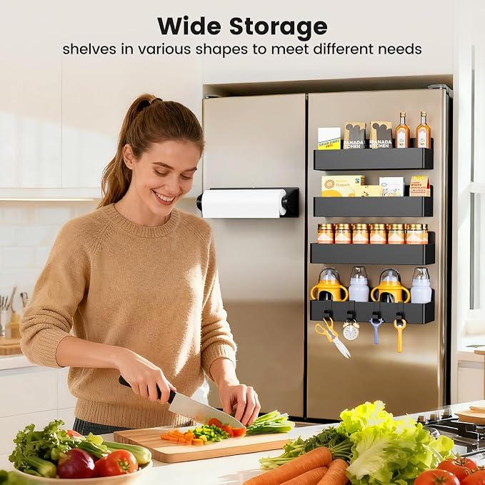 Mystozer Magnetic Spice Rack for Refrigerator,5 Pack Magnetic Shelf,Fridge Magnet Organizer with Paper Towel Holder,Fridge Organizers and Storage Black(5 Pack) - Image 7