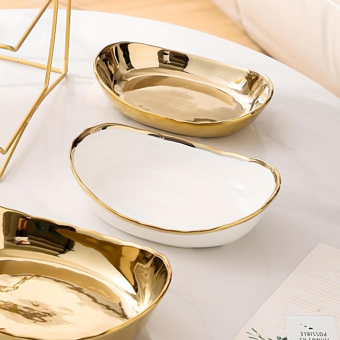 Gold Silver Fruit Bowl with Metal Stand, 3 Tier Ceramic White Fruit Bowl Fruit Rack for Kitchen Counter, Tiered Fruit Basket for Snacks Bread Candy Storage (Gold (Smooth Surface)) - Image 8