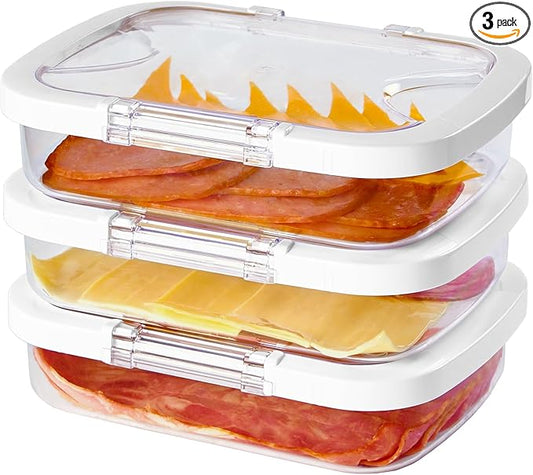 Felli Duo Loc Deli Meat Containers for Fridge with Airtight Lids, Stackable Refrigerator Organizer for Lunch Meat Storage Sandwich Ham Cheese Salami Sliced Turkey, Clear Tritan Box (Cold Cuts 3pk) by Felli