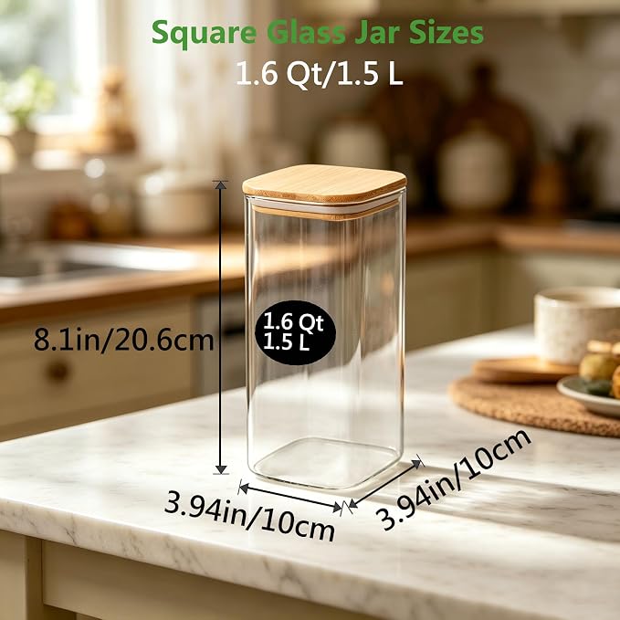 VIEWELLD 1.6 Qt Square Glass Storage Containers with Lids, Clear Food Storage Container Jar with Sealing Bamboo Lid for Noodles Flour Cereal Rice Sugar Tea Coffee Beans,Square Set of 3 - Image 2