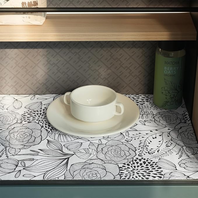 Floral Drawer and Shelf Liner for Kitchen 12IN x 20FT, Non-Adhesive | Strong Non-Slip Cabinet Drawer Liners, Waterproof Thickened Shelf Liner,Easy to Clean,Black and White - Image 9