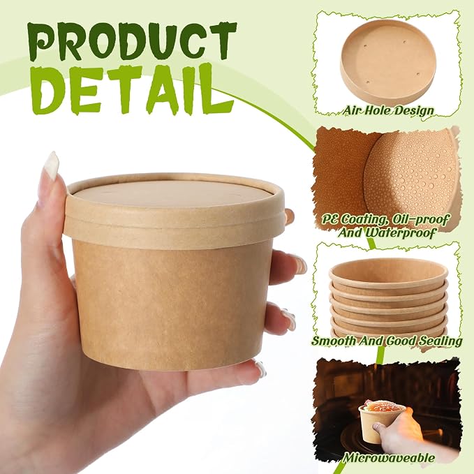 Fulmoon 100 Pack Paper Soup Containers with Lids Disposable Paper Food Containers with Vented Lid Kraft Ice Cream Cake Dessert Cups Soup Bowl for Party Hot Food Fruit Microwave (8 oz,Brown) - Image 3