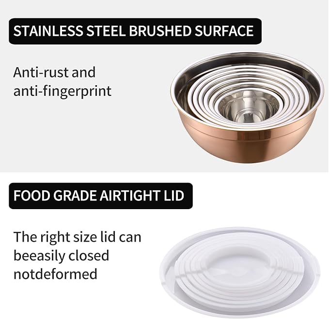 Rose Gold Mixing Bowls with Lids Set of 7, Stainless Steel Nesting Bowl with Khaki Lid for Non-slip Mixing Prepping Storing Serving, 7 Sizes-7/3.6/2.7/2.1/1.5/1/0.8 QT - Image 3