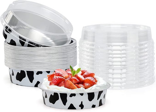 Beasea 4” 20 Pack Mini Tart Pans With Lids, Cow Print Aluminum Pie Pan 8 Oz Pie Pan Tin Tart Cupcake Disposable Pans for Pizza Pies Quiche by Beasea