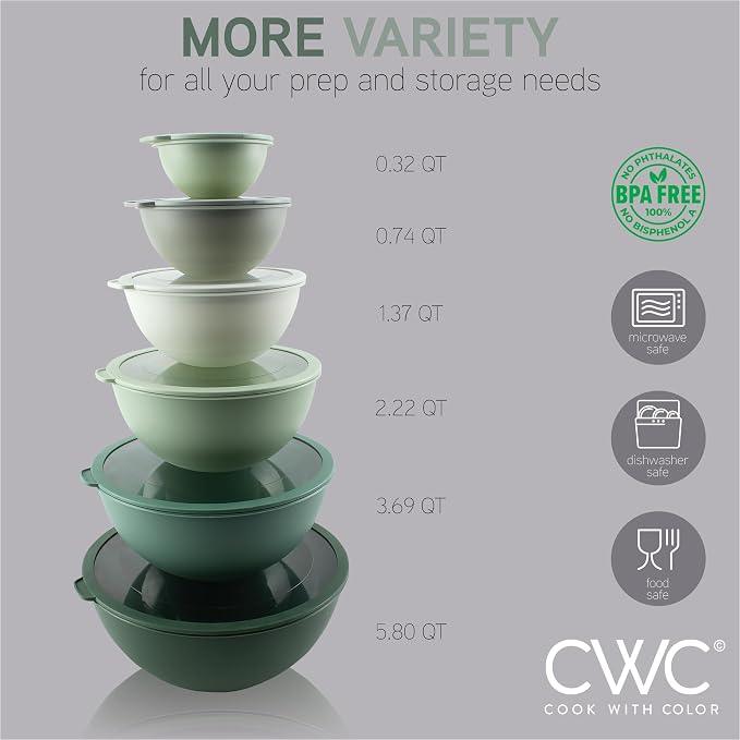 COOK WITH COLOR Mixing Bowls with Lids - 12 Piece Plastic Nesting Bowls Set includes 6 Prep Bowls and 6 Lids, Microwave Safe Mixing Bowl Set, Sage Tritan Lid - Image 3