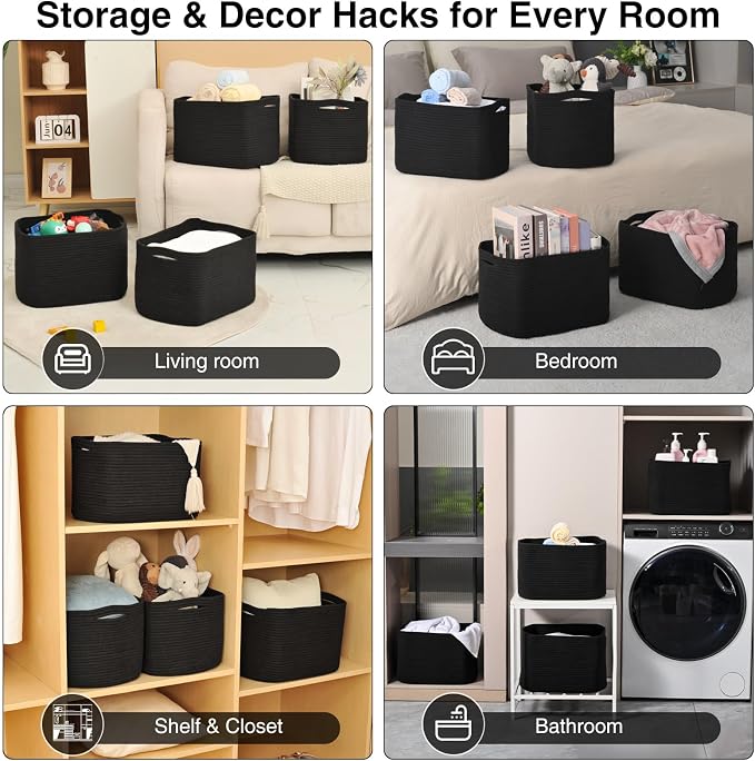 ICERZCZ Woven Cotton Rope Storage Baskets for Organizing & Shelves, Organization Bins for Dog Toys, Clothes, Books, Nursery Organizer, 15"x11"x9", Black (4 Packs) - Image 4