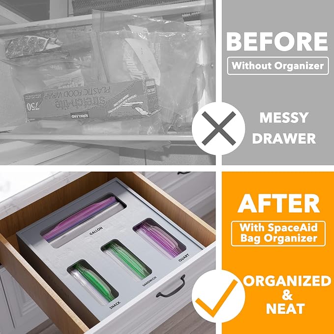 SpaceAid Bag Storage Organizer for Kitchen Drawer, Bamboo Organizer, Compatible with Gallon, Quart, Sandwich and Snack Variety Size Bag (1 Box 4 Slots), Gray - Image 2
