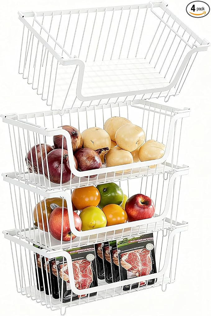 4 Pcs Stackable Wire Baskets for Pantry Organizers and Storage, | Vegetable Fruit Basket for Countertop,Kitchen Storage Metal Baskets,Produce Potato Onion Storage Bin,White by GAOKASE