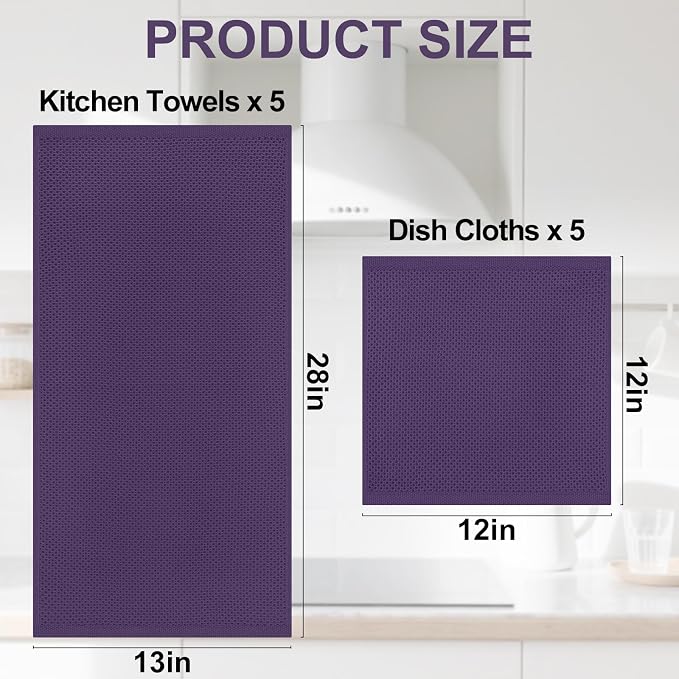 Homaxy 10 Pack 100% Cotton Kitchen Towels and Dishcloths Set, Eggplant | 12 x 12 Inches and 13 x 28 Inches Kitchen Towels Set, Ultra Soft Absorbent Dish Cloths for Washing Dishes - Image 4